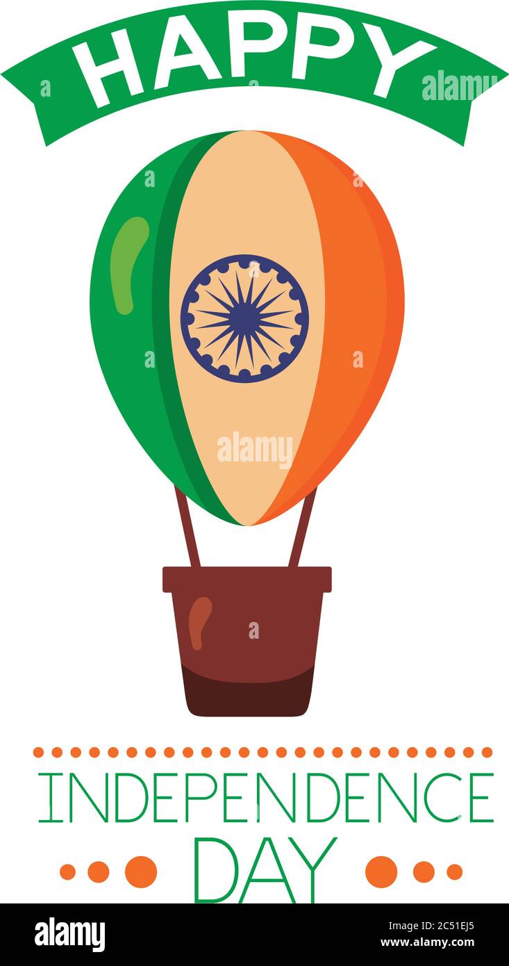 Festa dell'india giorno indipendente con bandiera in mongolfiera aria flat stile disegno vettoriale Illustrazione Vettoriale