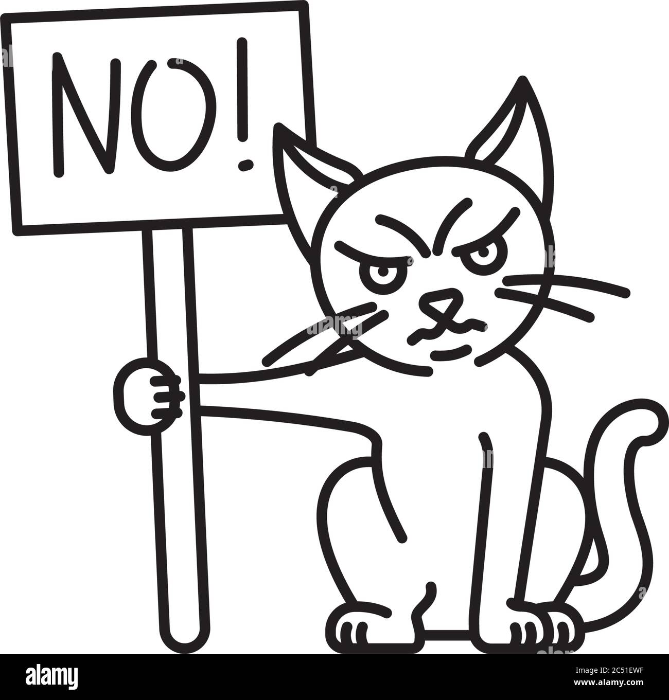 Personaggio gatto cartoon con icona della linea di segno di protesta, simbolo di contorno disobbedienza. Illustrazione Vettoriale