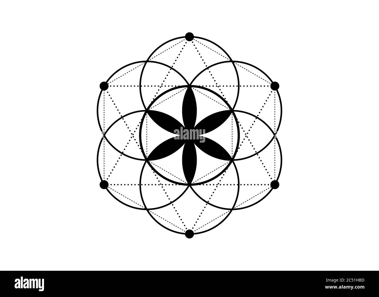 Seme di vita simbolo geometria Sacra. Logo icona mistica geometrica mandala di alchimia esoterica Fiore di vita. Vettore tatuaggio nero amuleto divino Illustrazione Vettoriale