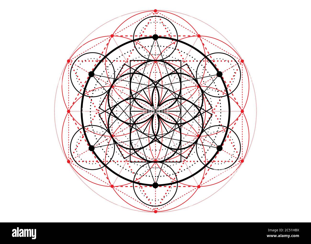 Seme di vita simbolo geometria Sacra. Mandala mistico geometrico di Alchimia esoterico Fiore di vita. Vettore amuleto meditativo divino nero e rosso Illustrazione Vettoriale