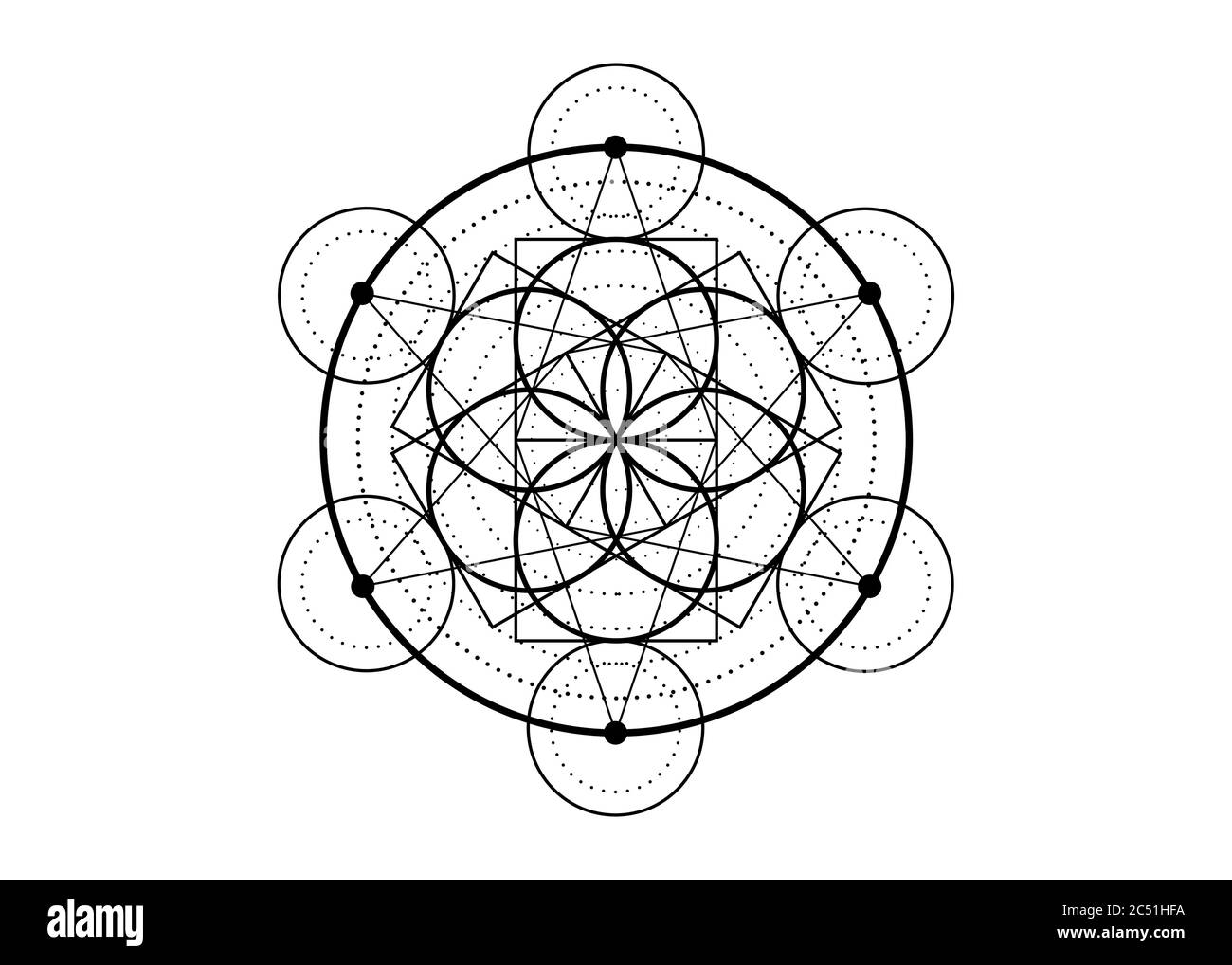 Seme di vita simbolo geometria Sacra. Mistico mandala geometrico di Alchimia esoterico Fiore di vita. Amuleto meditativo bianco vettore isolato Illustrazione Vettoriale