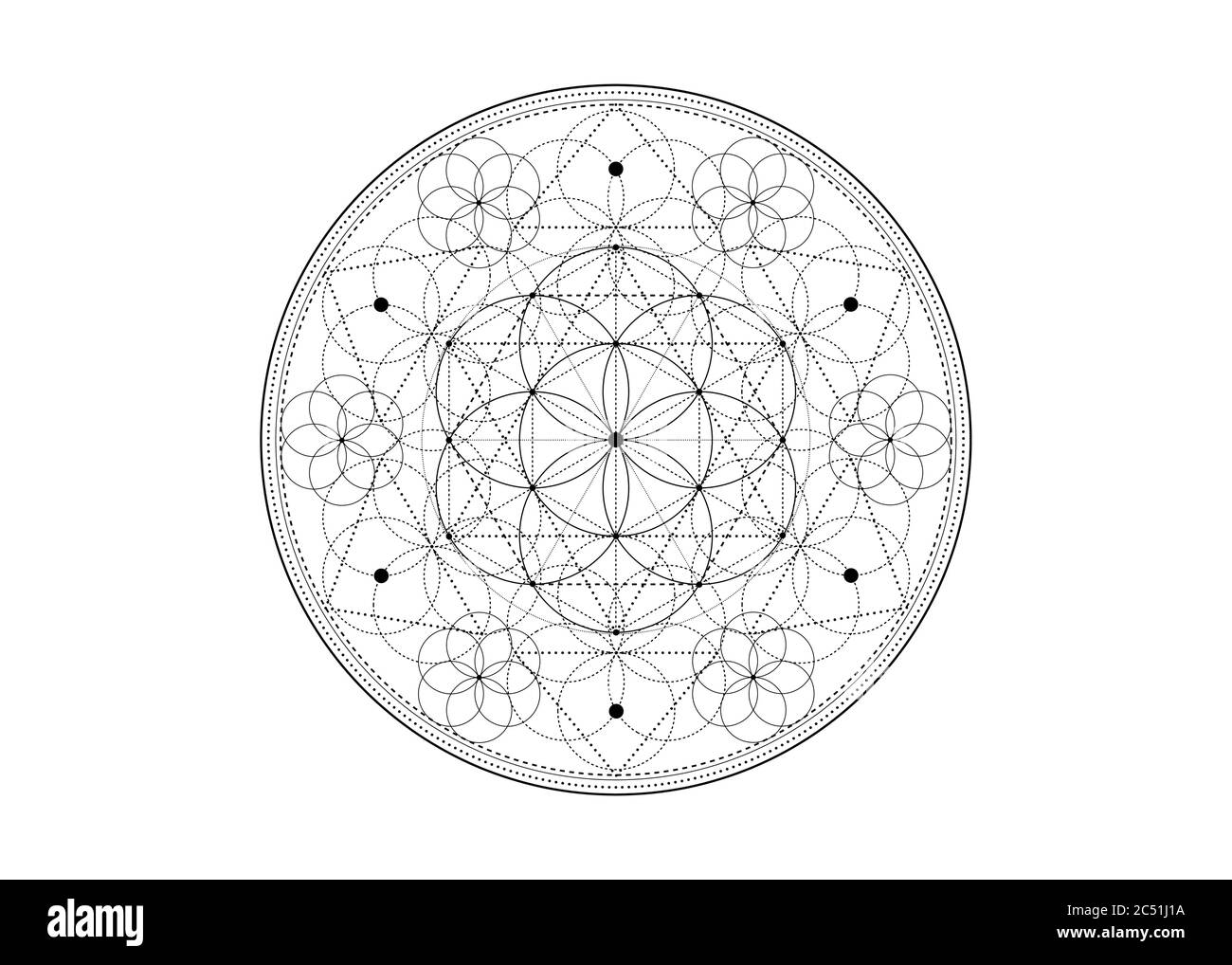 Seme di vita simbolo geometria Sacra. Mistico mandala geometrico di Alchimia esoterico Fiore di vita. Vettore amuleto meditativo divino bianco e nero Illustrazione Vettoriale
