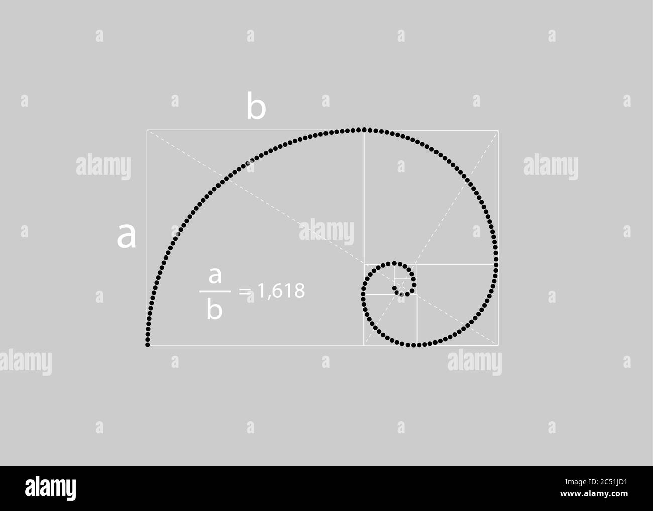 Rapporto d'oro. Numero di Fibonacci con formula matematica, sezione dorata, proporzione divina e spirale nera in stile polka puntini, vettore isolato Illustrazione Vettoriale