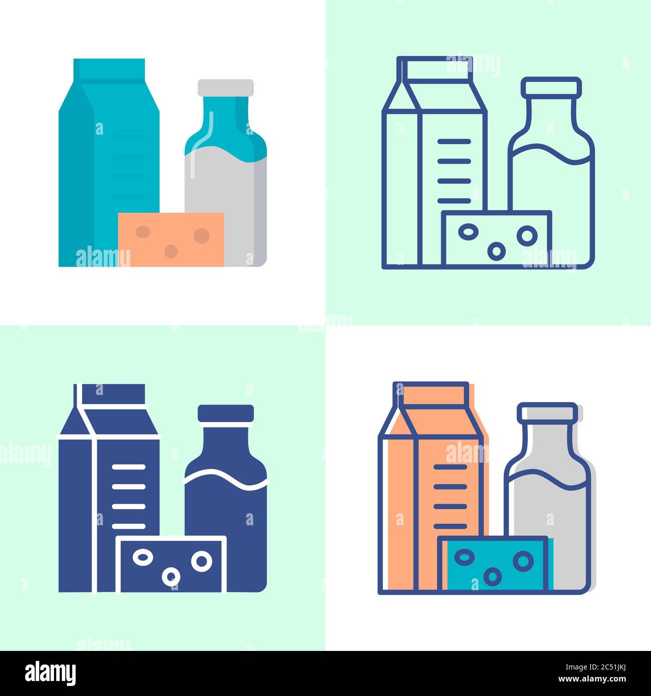 Icona dei prodotti caseari in stile piatto e lineare. Confezione di yogurt, bottiglia di latte e simboli di fetta di formaggio. Illustrazione vettoriale. Illustrazione Vettoriale