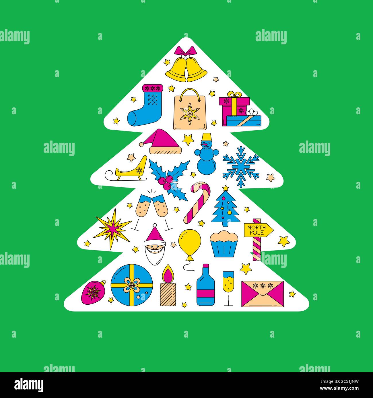 Banner o modello di carta per le feste con albero di Natale. Simboli per la celebrazione del Capodanno in stile a linee colorate. Illustrazione vettoriale. Illustrazione Vettoriale