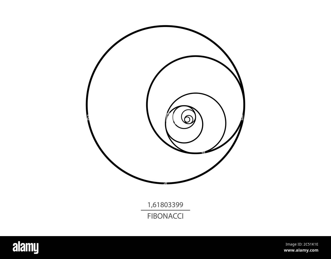 Cerchio di sequenza Fibonacci. Rapporto d'oro. Spirale con forme geometriche. Cerchi in proporzione dorata. Design futuristico minimalista di moda. Logo isolato Illustrazione Vettoriale