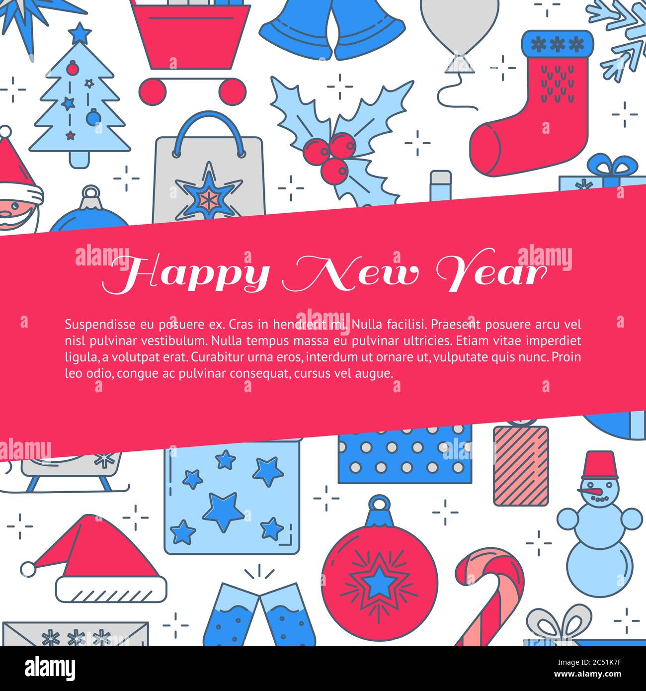 Modello di banner Happy New Year in stile linea colorata con posto per testo. Sfondo con simboli di vacanza. Illustrazione vettoriale. Illustrazione Vettoriale