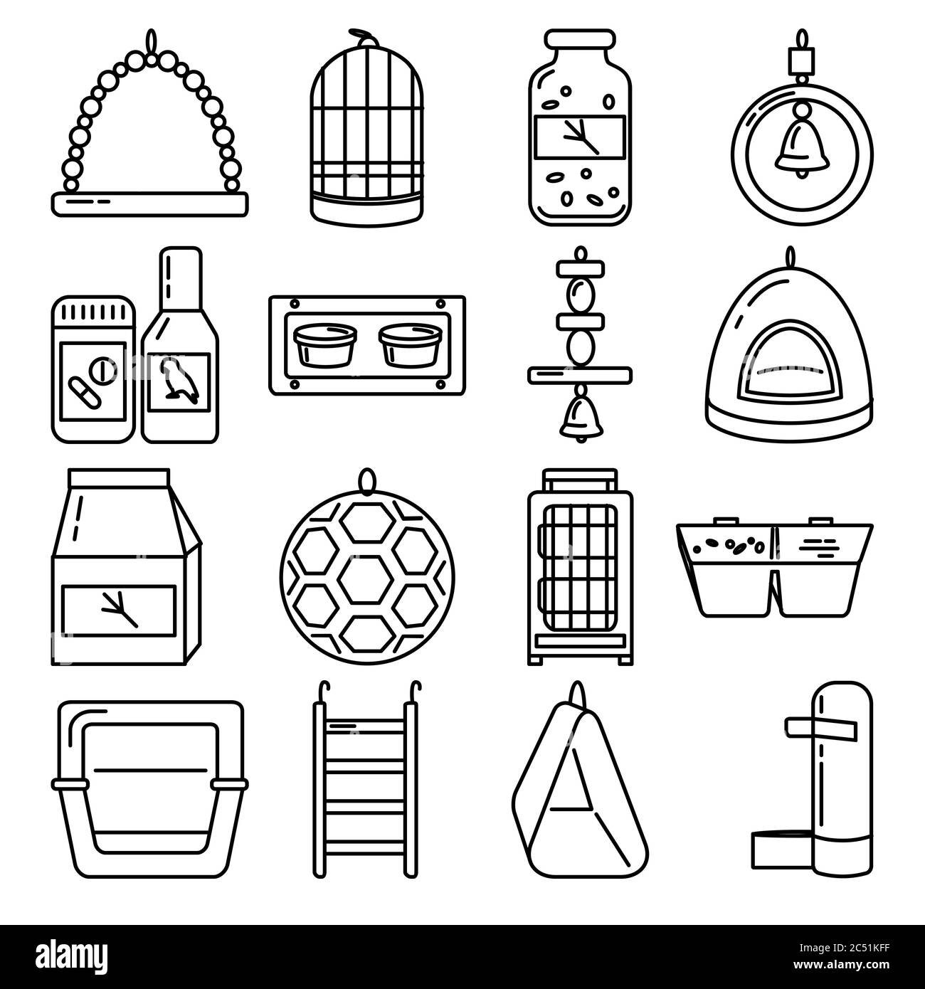 Grande icona set di accessori per pappagallo, canarino o altro uccello in gabbia. Raccolta di forniture per animali domestici in linea sottile. Illustrazione Vettoriale