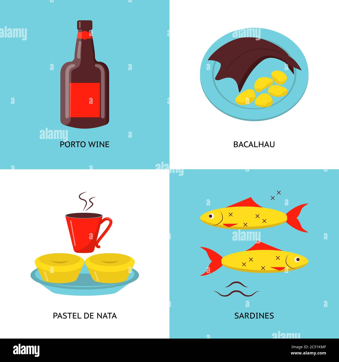 Collezione di icone portoghesi in stile piatto. I simboli della cucina tradizionale includono vino porto, pesce bacalhau, tartine pastello de nata e sardine. Illustrazione Vettoriale