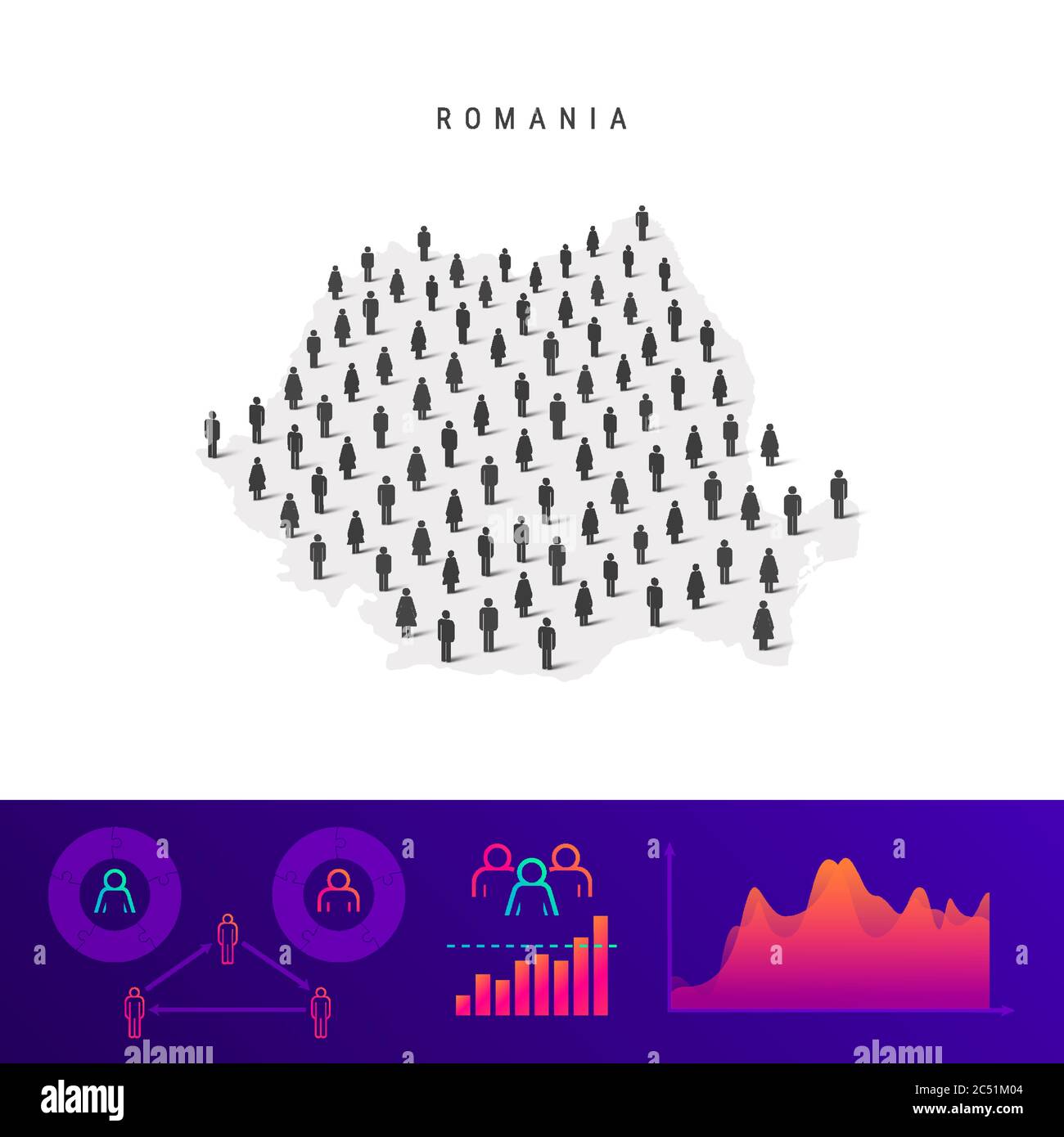 Mappa della gente rumena. Silhouette vettoriale dettagliata. Folla mista di icone maschili e femminili. Elementi infografici della popolazione. Illustrazione vettoriale isolata su Illustrazione Vettoriale