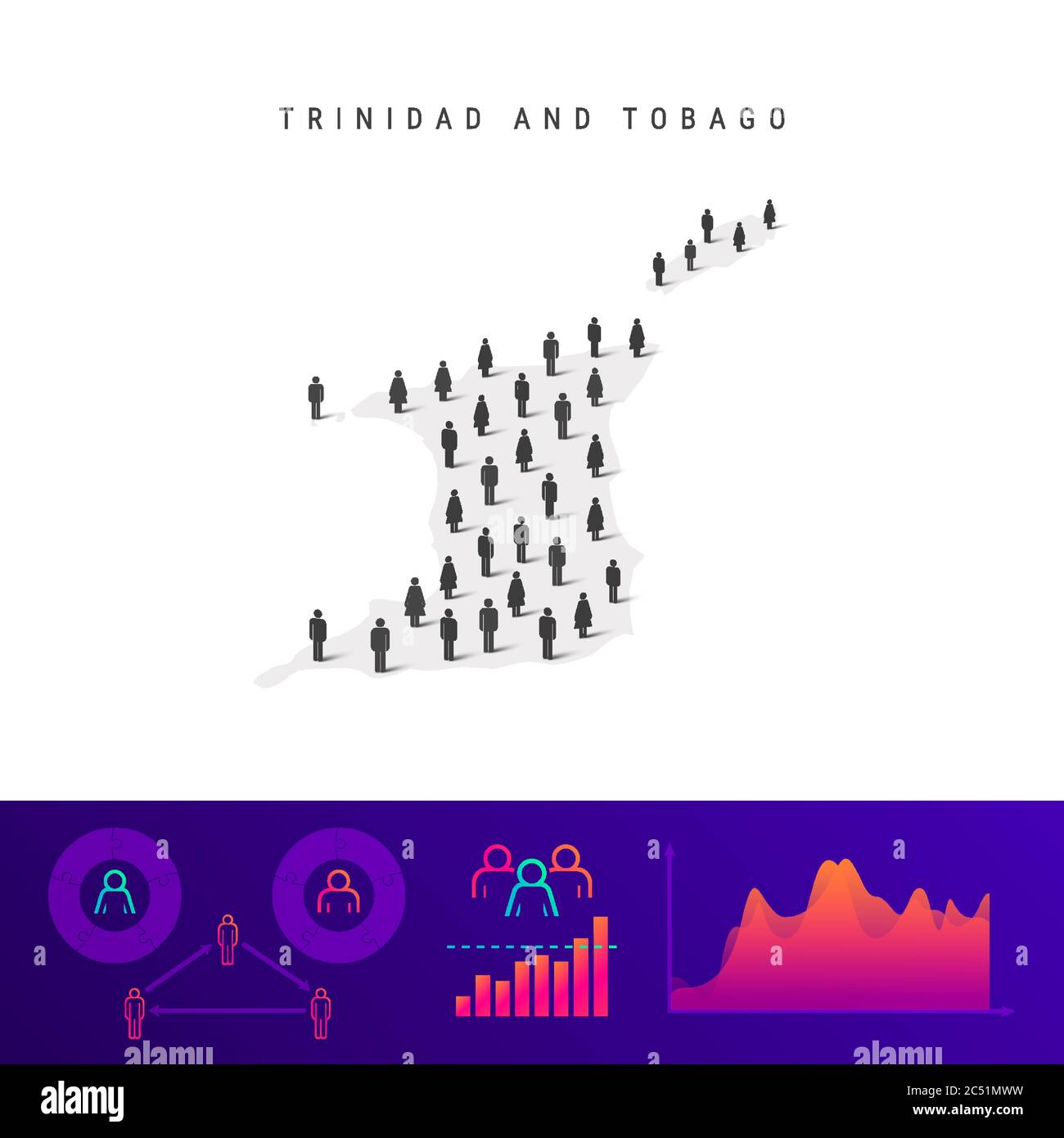 Mappa delle persone di Trinidad e Tobago. Silhouette vettoriale dettagliata. Folla mista di icone maschili e femminili. Elementi infografici della popolazione. Illustrazione vettoriale i Illustrazione Vettoriale