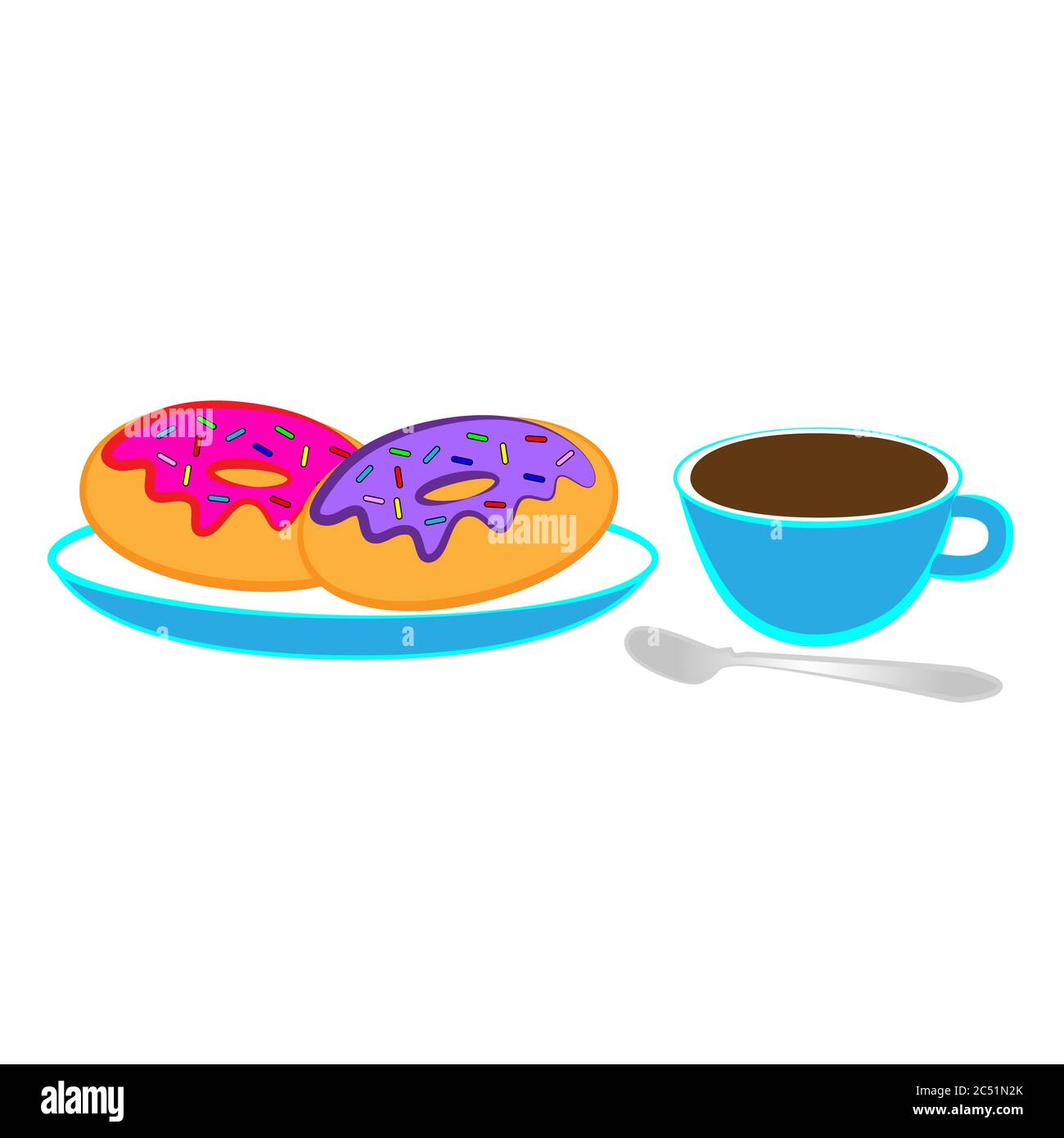 Due ciambelle dolci ricoperte di glassa e una tazza con tè isolato sfondo bianco. Illustrazione Vettoriale
