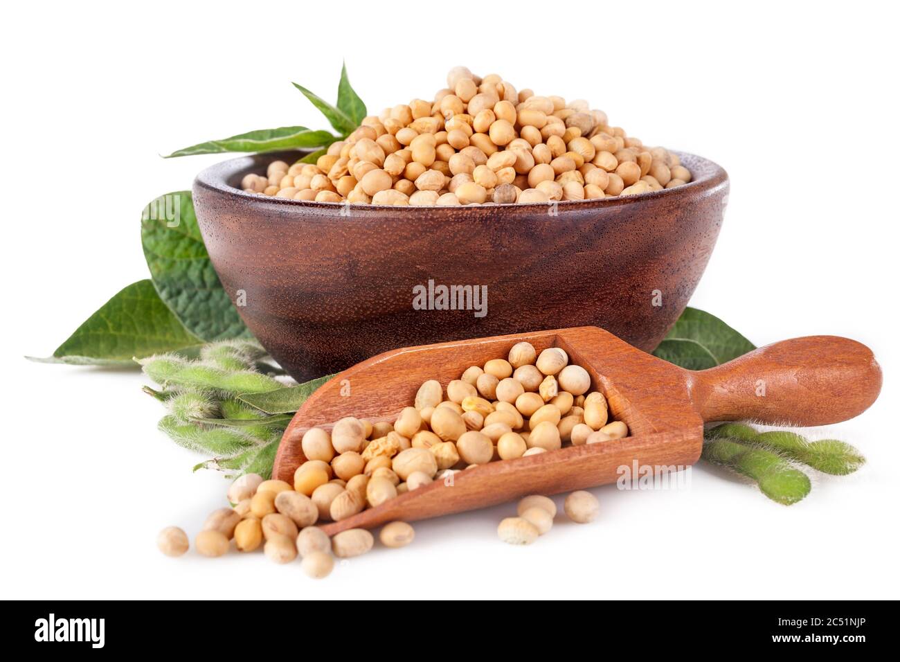 Soia domestica appena raccolta in una ciotola di legno con foglie e fagioli verdi, isolata su bianco. Foto Stock