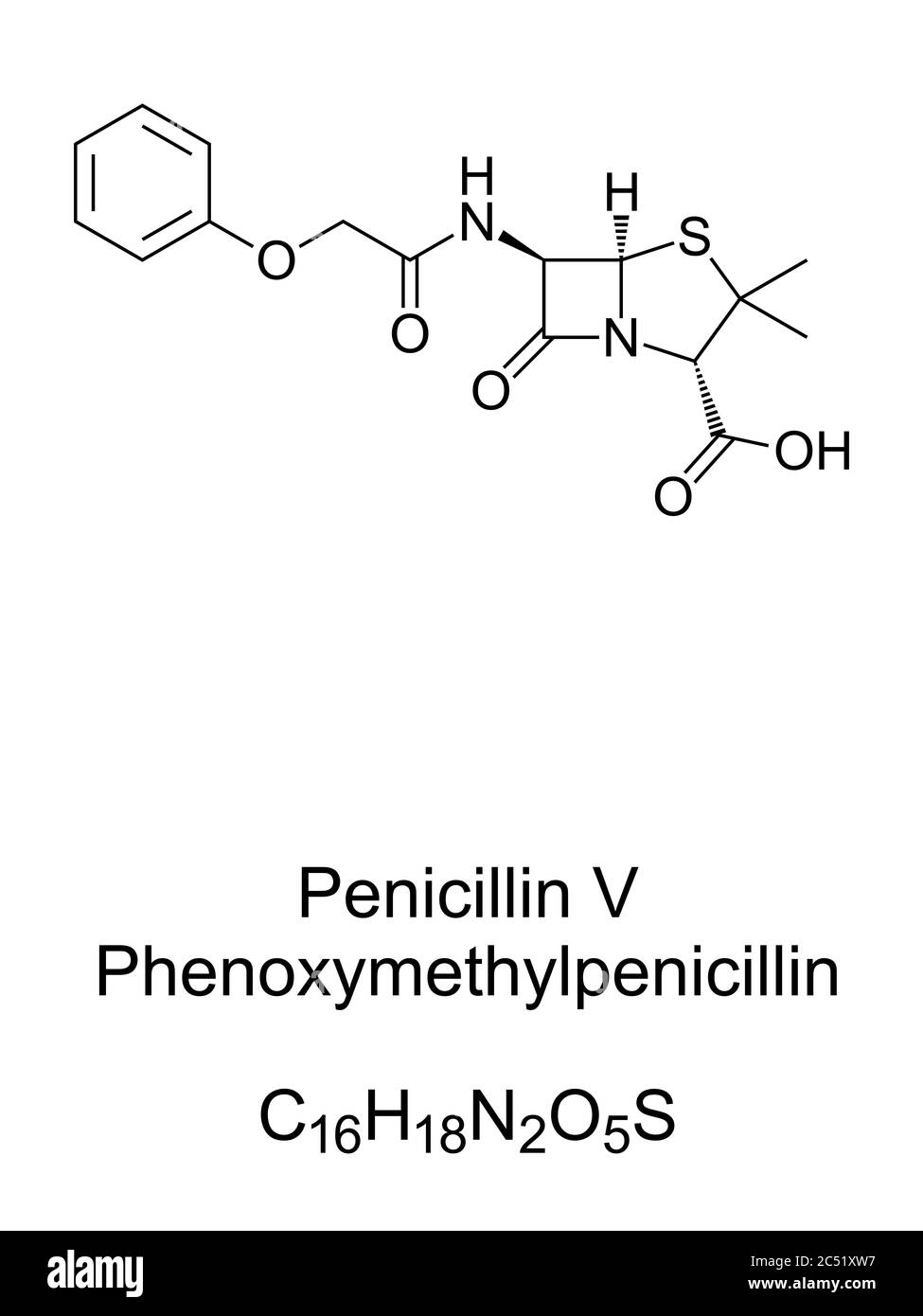 Fenossimetilpenicillina, struttura chimica e formula scheletrica di penicillina V, PCV o penicillina VK. Antibiotico. Foto Stock
