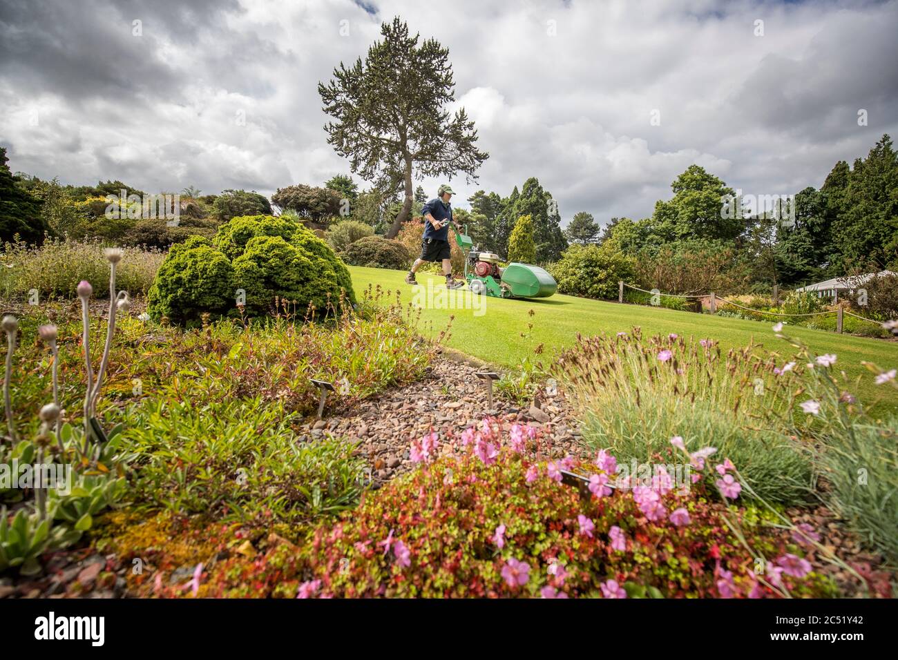 L'orticoltore maggiore Graeme McGillivray al lavoro nei giardini del Royal Botanic Garden di Edimburgo, prima della riapertura dei giardini al pubblico il 1 luglio, quando la Scozia si sposta nella seconda fase del suo piano in quattro fasi per facilitare l'uscita dal blocco. Foto Stock