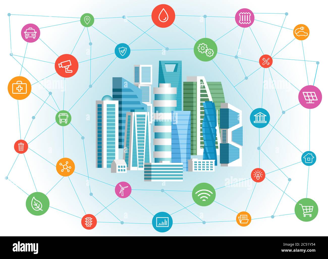 Illustrazione vettoriale per Smart City con edifici urbani e rete di icone infografiche Illustrazione Vettoriale