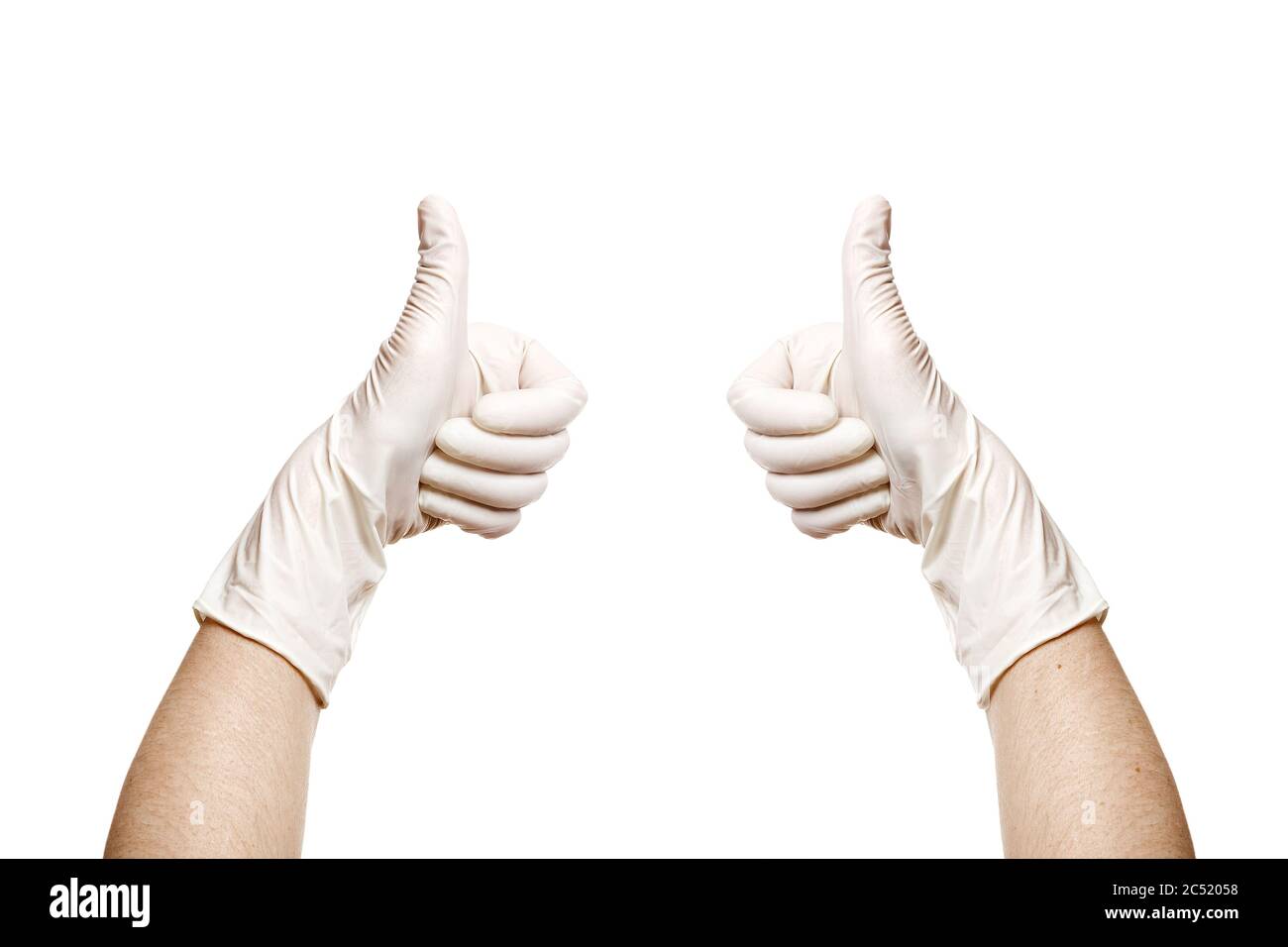mani in un medico sterile guanti mostra pollici su approvazione gesto di consenso, concetto mock up isolato su sfondo bianco con spazio di copia. Foto Stock