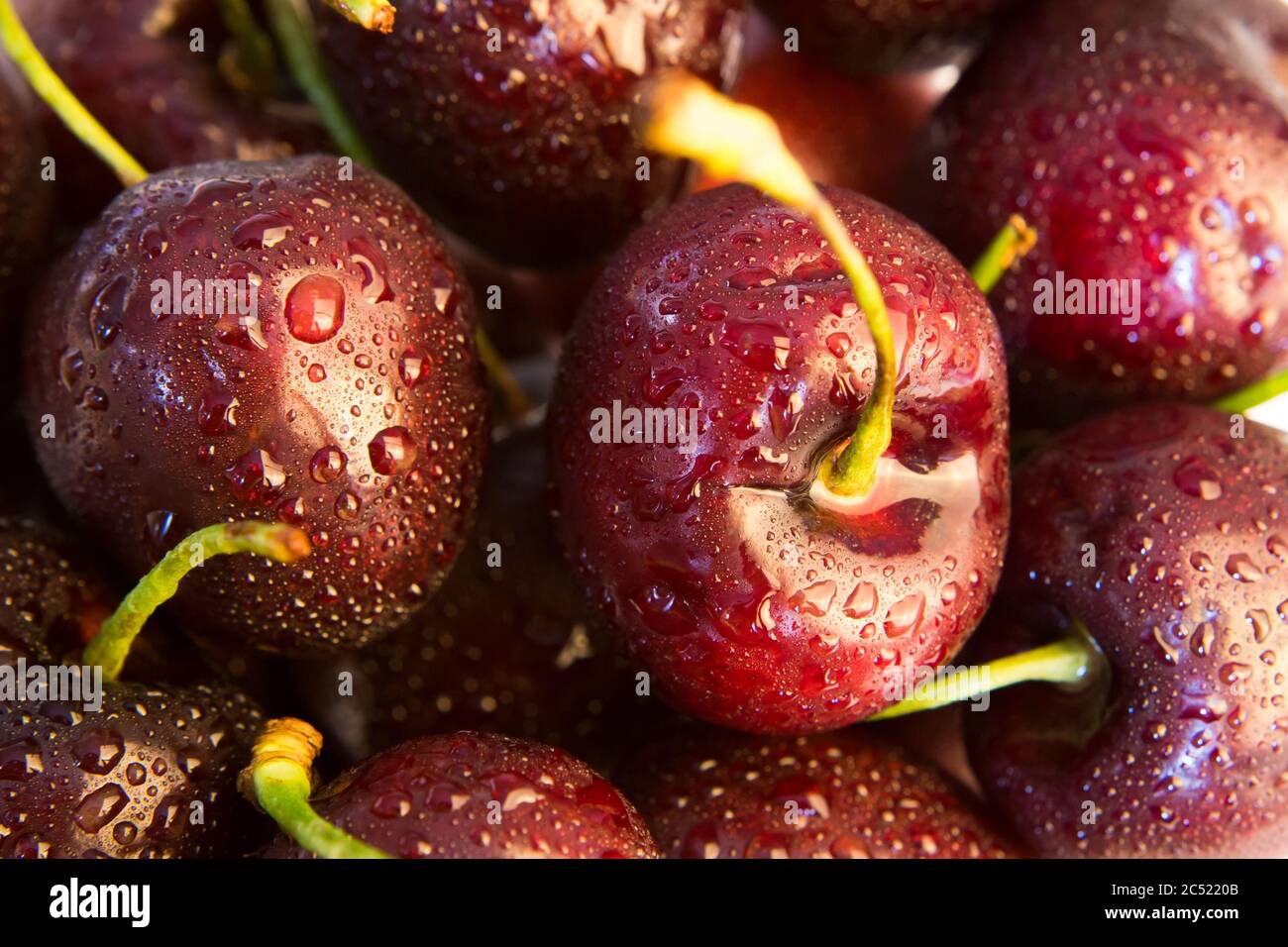 Ciliegie fresche in una ciotola di frutta con condensa Foto Stock