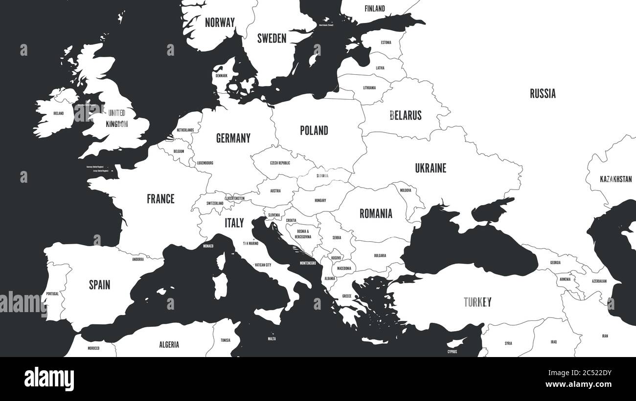 Mappa dell'Europa senza stati scandinavi. Mappa vettoriale bianca su sfondo grigio scuro. Illustrazione Vettoriale