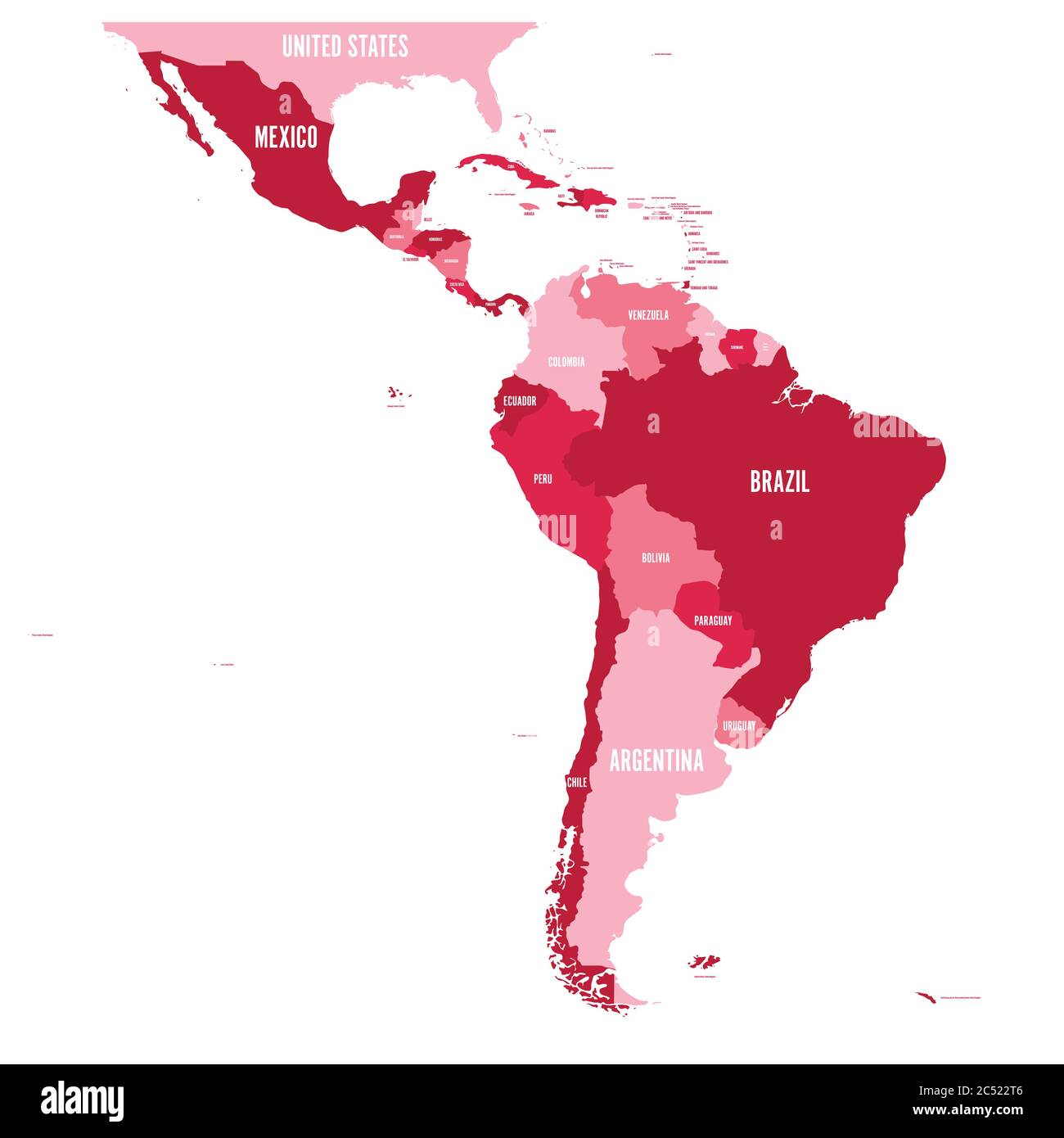 Mappa politica dell'America Latina. Semplice mappa vettoriale piatta con etichette dei nomi dei paesi in quattro tonalità di marrone. Illustrazione Vettoriale