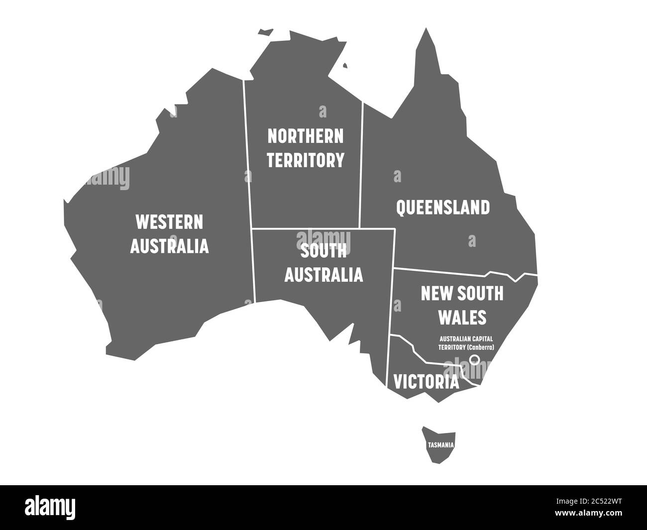 Mappa semplificata dell'Australia divisa in stati e territori. Mappa piatta grigia con bordi bianchi ed etichette bianche. Illustrazione vettoriale. Illustrazione Vettoriale