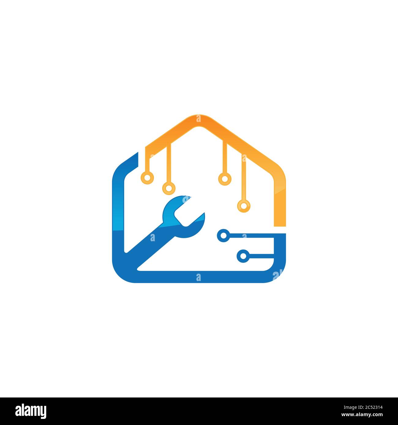 Vettore di progettazione del concept logo della tecnologia Smart House Repair. Modello vettoriale per il design del logo della riparazione mobile dell'alloggiamento Illustrazione Vettoriale