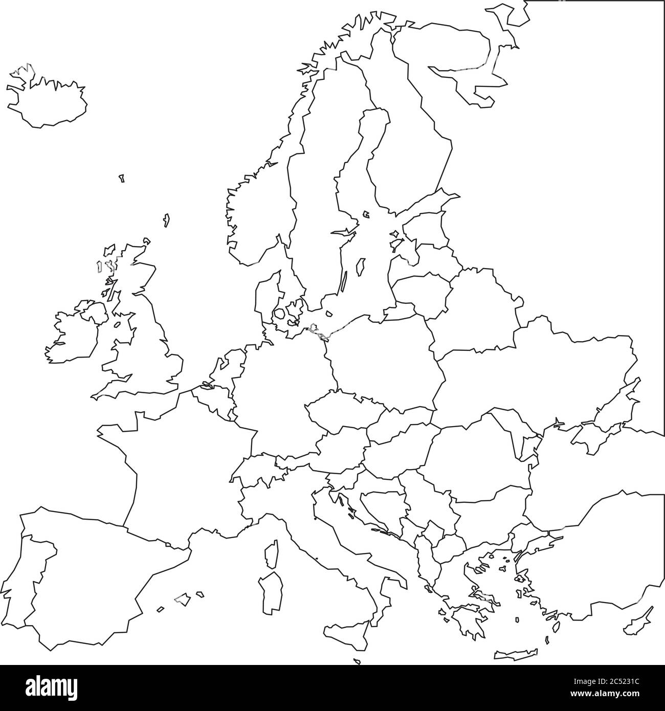 Mappa vuota dell'Europa. Mappa a reticolo semplificata dei bordi con linee nere. Illustrazione vettoriale. Illustrazione Vettoriale
