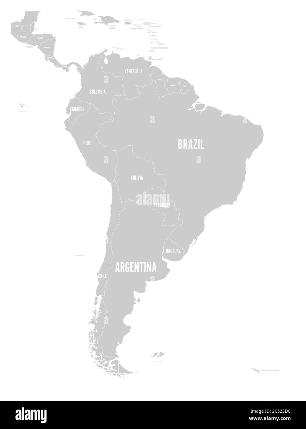 Mappa politica del Sud America. Mappa vettoriale semplice piatta con etichette dei nomi dei paesi in grigio. Illustrazione Vettoriale