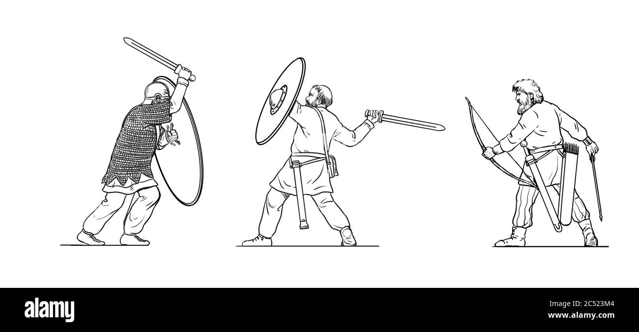 Battaglia tra soldati romani e guerrieri germanici. Disegno di contorno. Foto Stock
