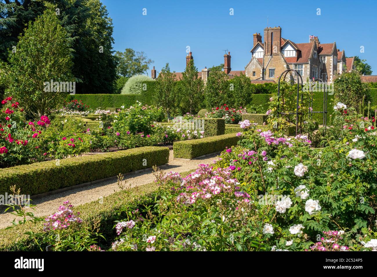 Il giardino di rose e la casa a Loseley Park. Surrey, Regno Unito nel mese di giugno Foto Stock