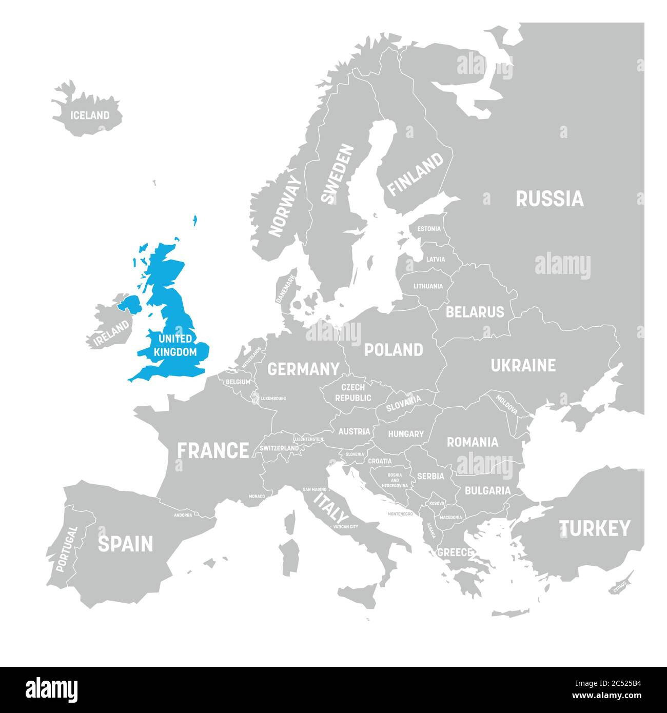 Regno Unito, Regno Unito di Gran Bretagna e Irlanda del Nord, contrassegnato da una mappa politica blu in grigio dell'Europa. Illustrazione vettoriale. Illustrazione Vettoriale