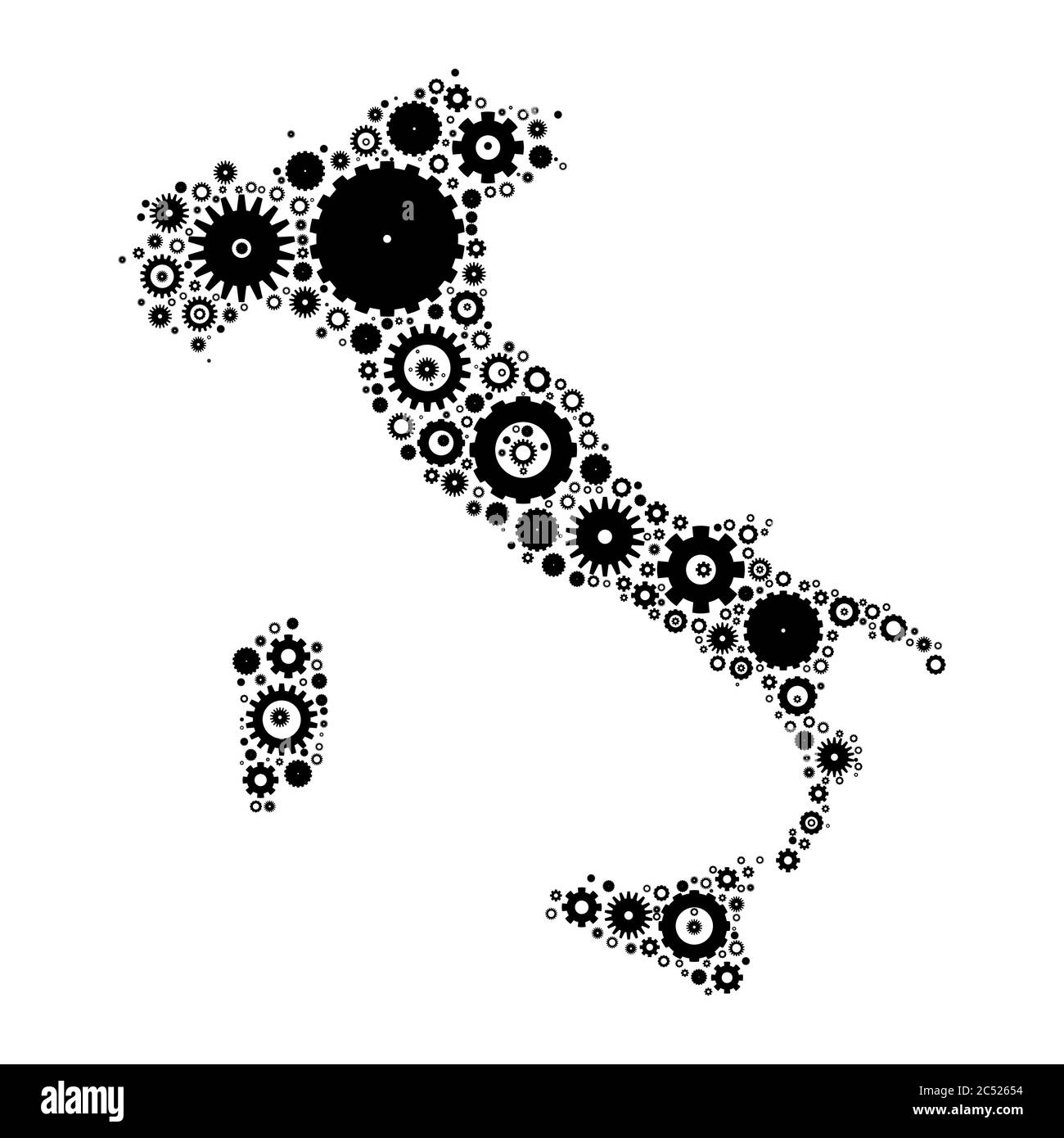 Italia mappa silhouette mosaico di denti e ingranaggi. Illustrazione vettoriale nera su sfondo bianco. Illustrazione Vettoriale