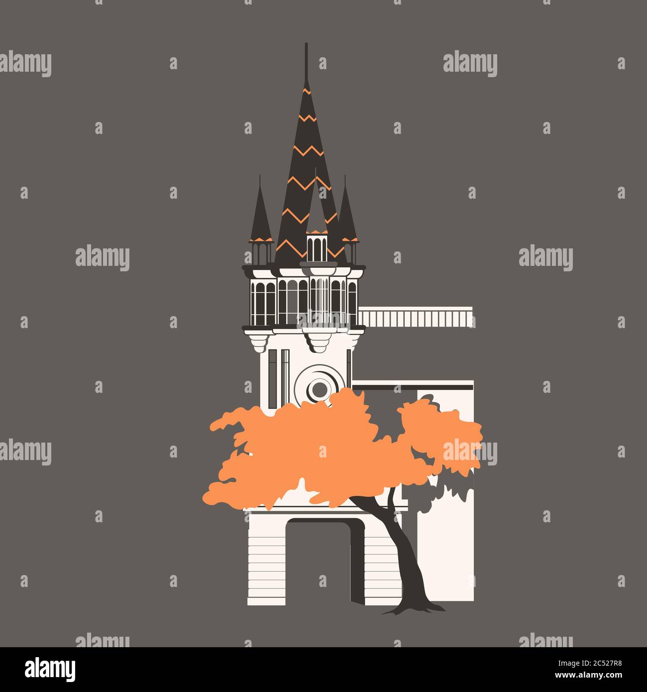 Monumento storico del castello nella città di Batumi, Georgia. Illustrazione vettoriale isolata. Stampa, icona, copertina, puzzle Illustrazione Vettoriale