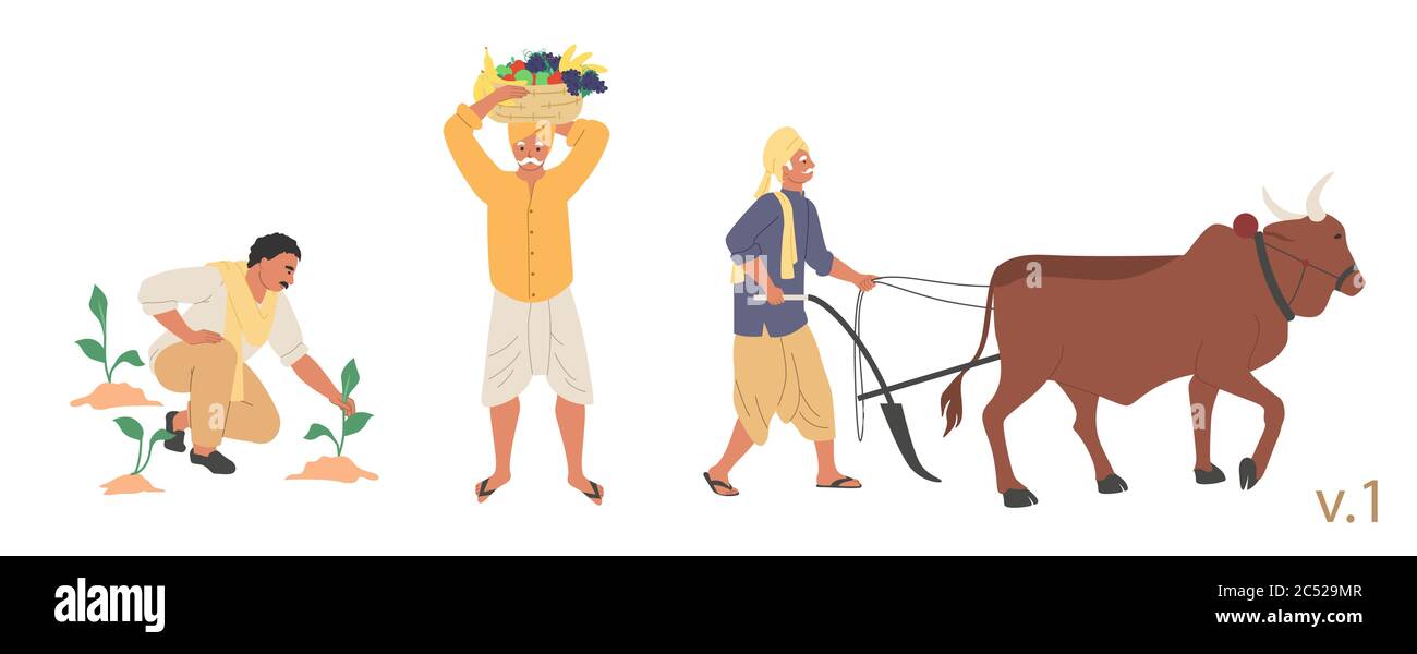 Set di caratteri contadini indiani, vettore piatto illustrazione isolata Illustrazione Vettoriale