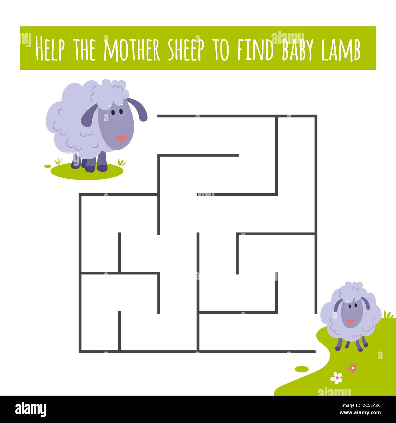 Fattoria animale educativo gioco labirinto. Pagina labirintica per la rivista per bambini, attività di svago. Illustrazione Vettoriale