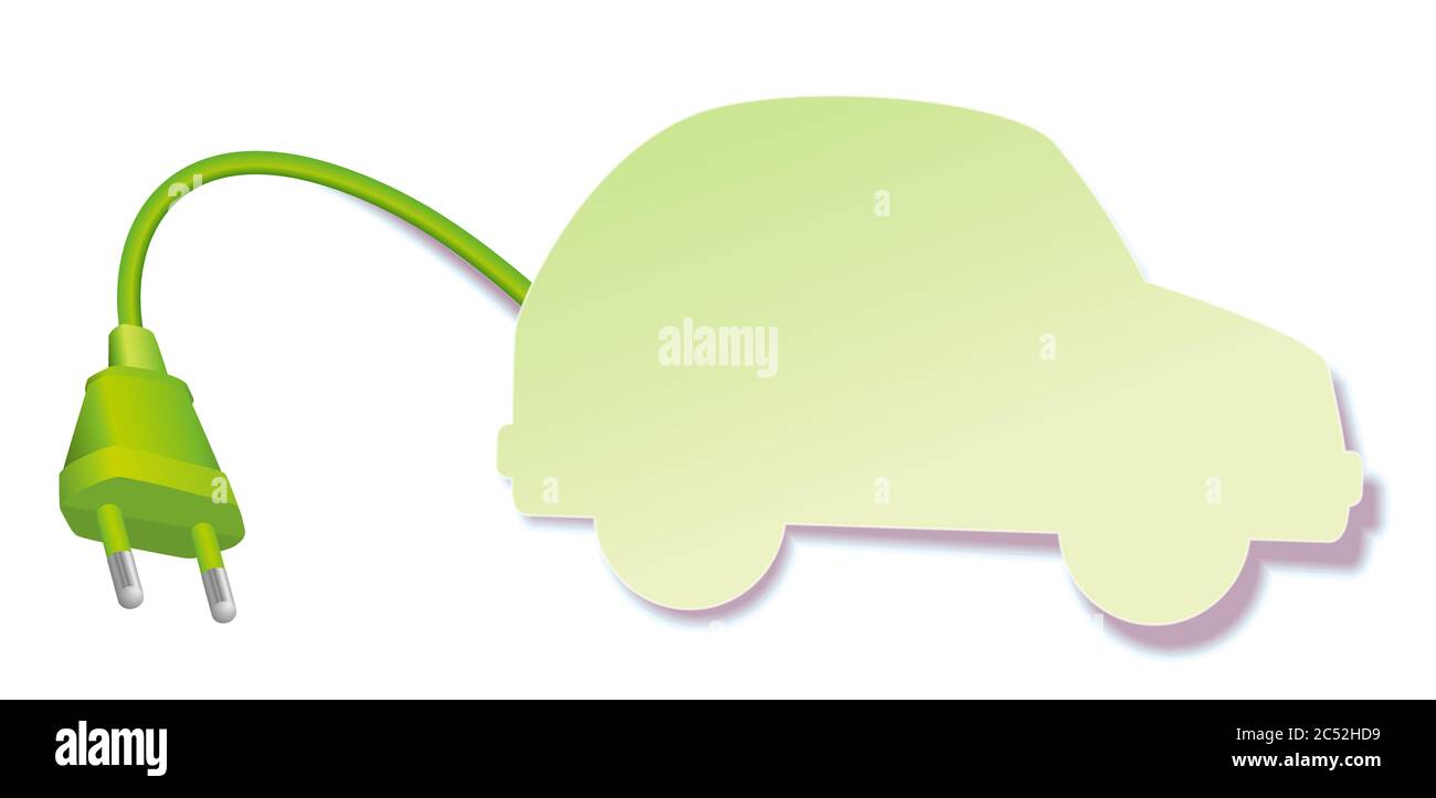 Simbolo dell'auto elettrica. Spina verde con nota adesiva, simbolica per energia alternativa eco-compatibile e moderna tecnologia ambientale automobil. Foto Stock
