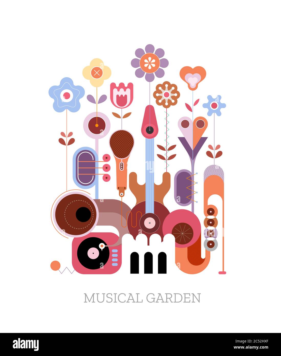 Fiori e Strumenti musicali illustrazione vettoriale. Fiori in fiore crescono da strumenti musicali Illustrazione Vettoriale