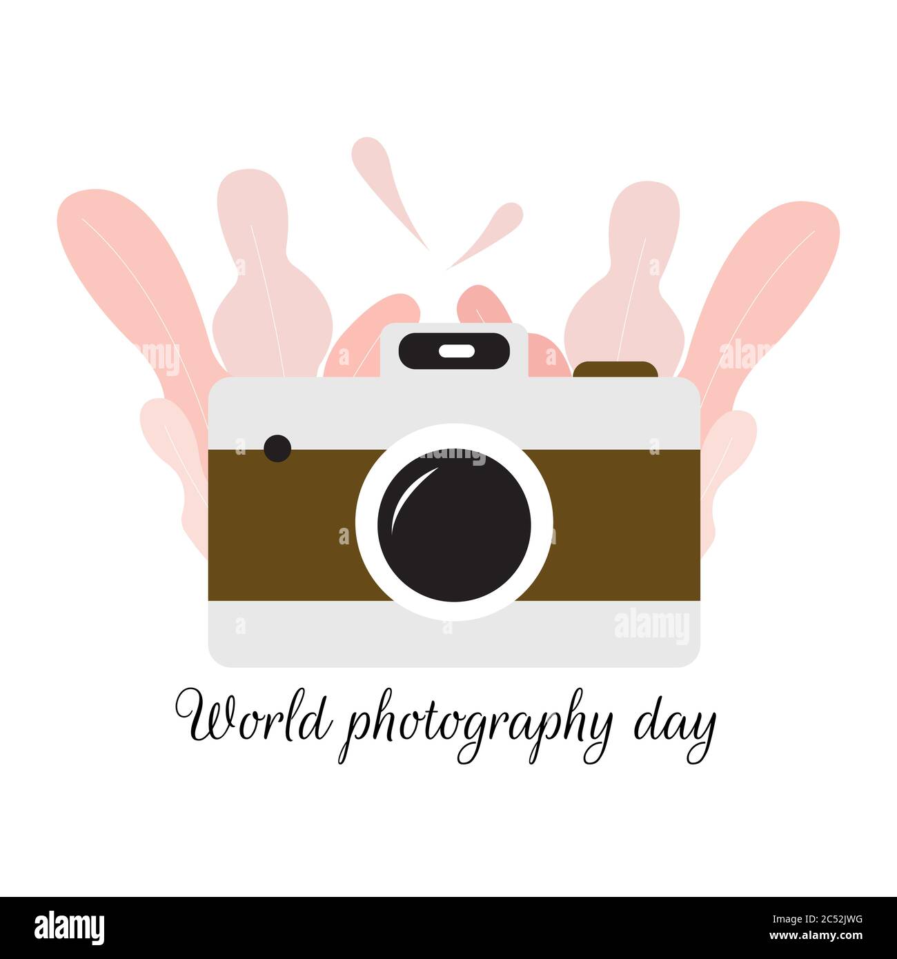 Giornata mondiale della fotografia 19 agosto. Immagine vettoriale della telecamera con foglie rosa Illustrazione Vettoriale