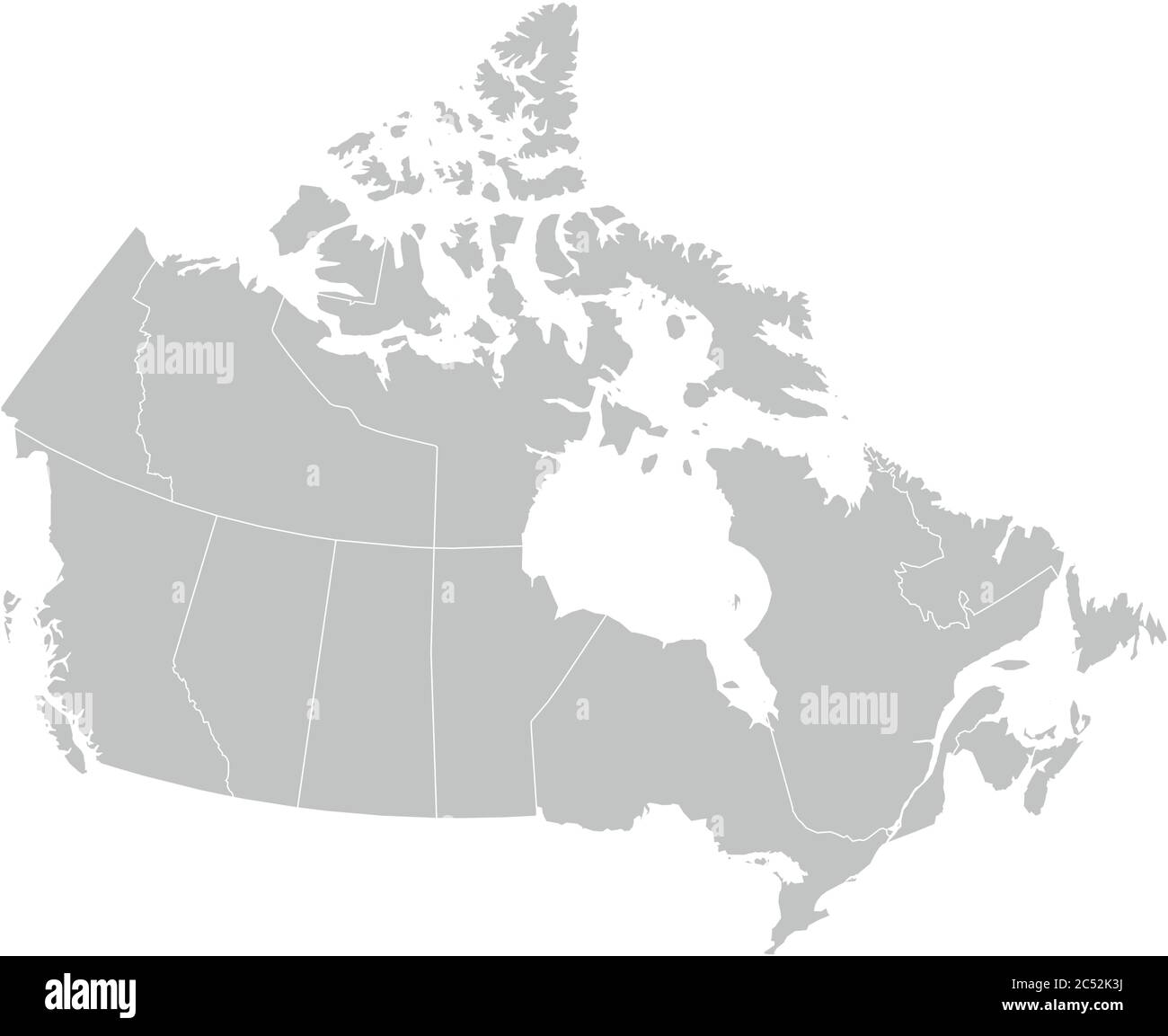 Mappa vuota del Canada divisa in 10 province e 3 territori. Regioni amministrative del Canada. Mappa vettoriale in grigio. Illustrazione Vettoriale