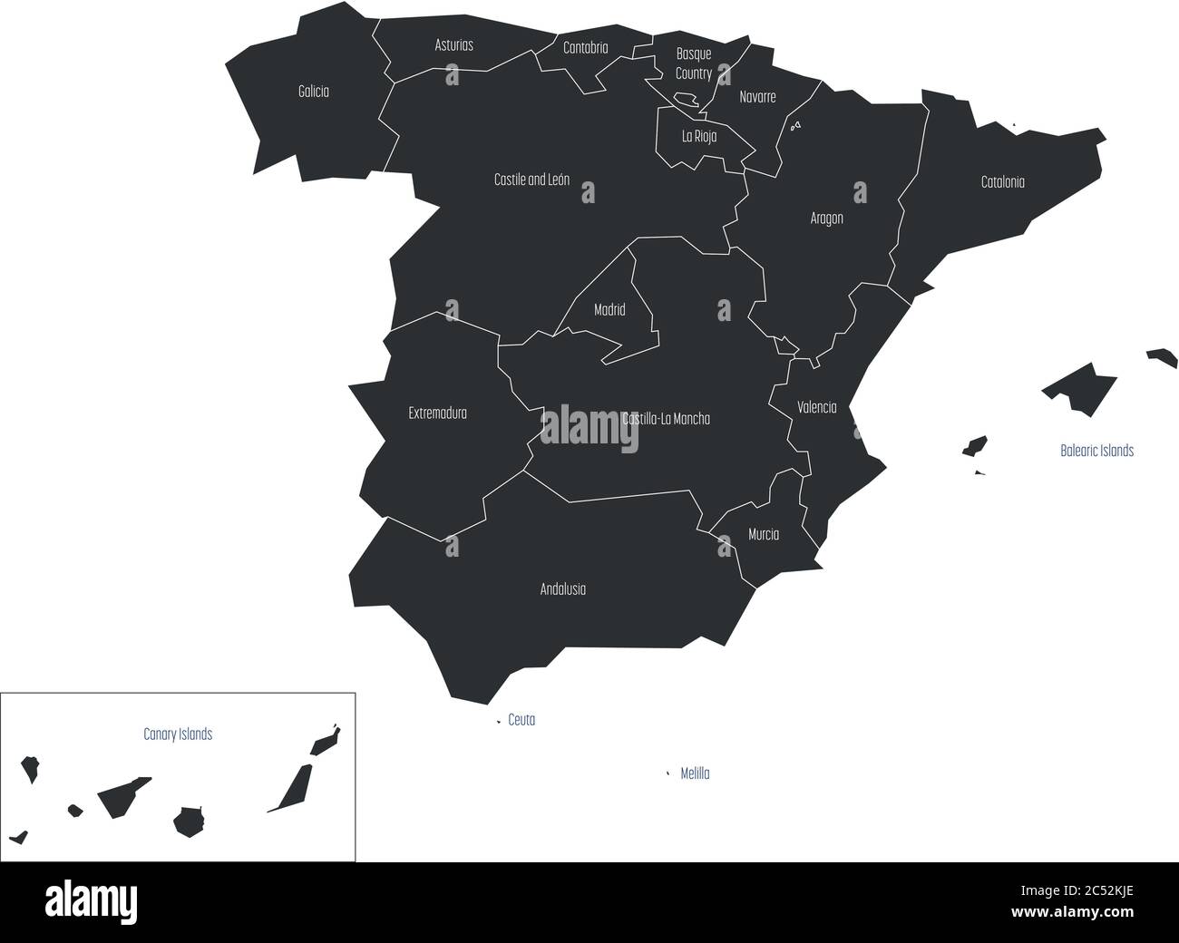 La mappa spagnola si è deviata a 17 comunità amministrative autonome. Semplice mappa vettoriale scura piatta. Illustrazione Vettoriale
