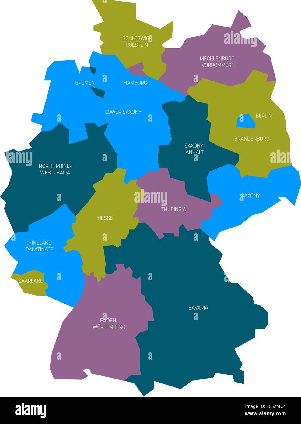 La mappa della Germania si è deviata a 13 stati federali e a 3 città-stati - Berlino, Brema e Amburgo, Europa. Semplice mappa vettoriale piatta in quattro colori con etichette bianche. Illustrazione Vettoriale