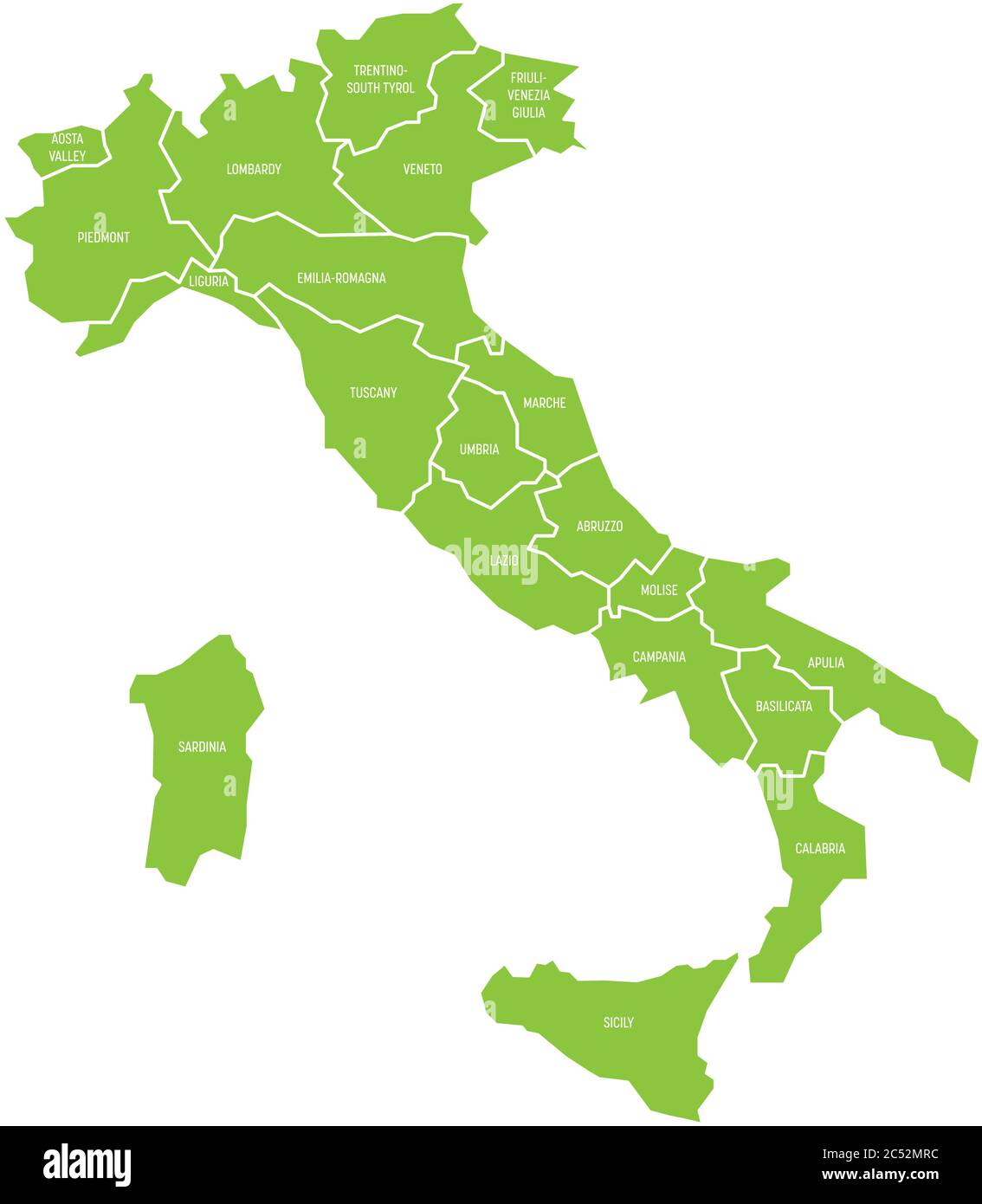 Mappa dell'Italia divisa in 20 regioni amministrative. Terra verde, bordi bianchi ed etichette bianche. Semplice illustrazione vettoriale piatta. Illustrazione Vettoriale