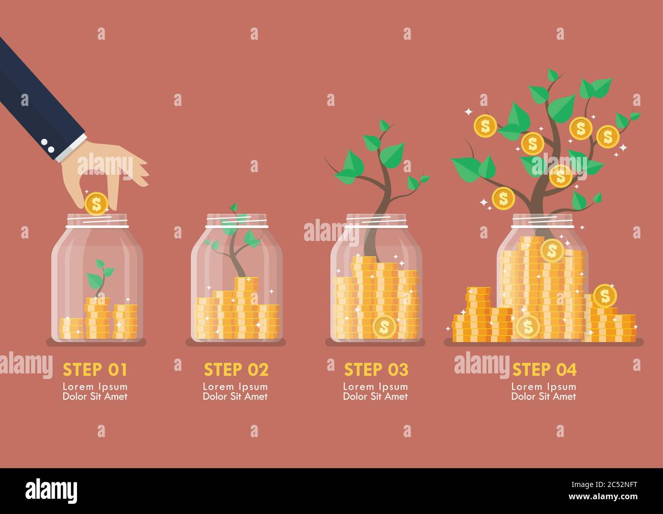 Passo di monete di risparmio mano in vasi di vetro con infografica alberi di denaro. Stile piatto. Illustrazione vettoriale Illustrazione Vettoriale