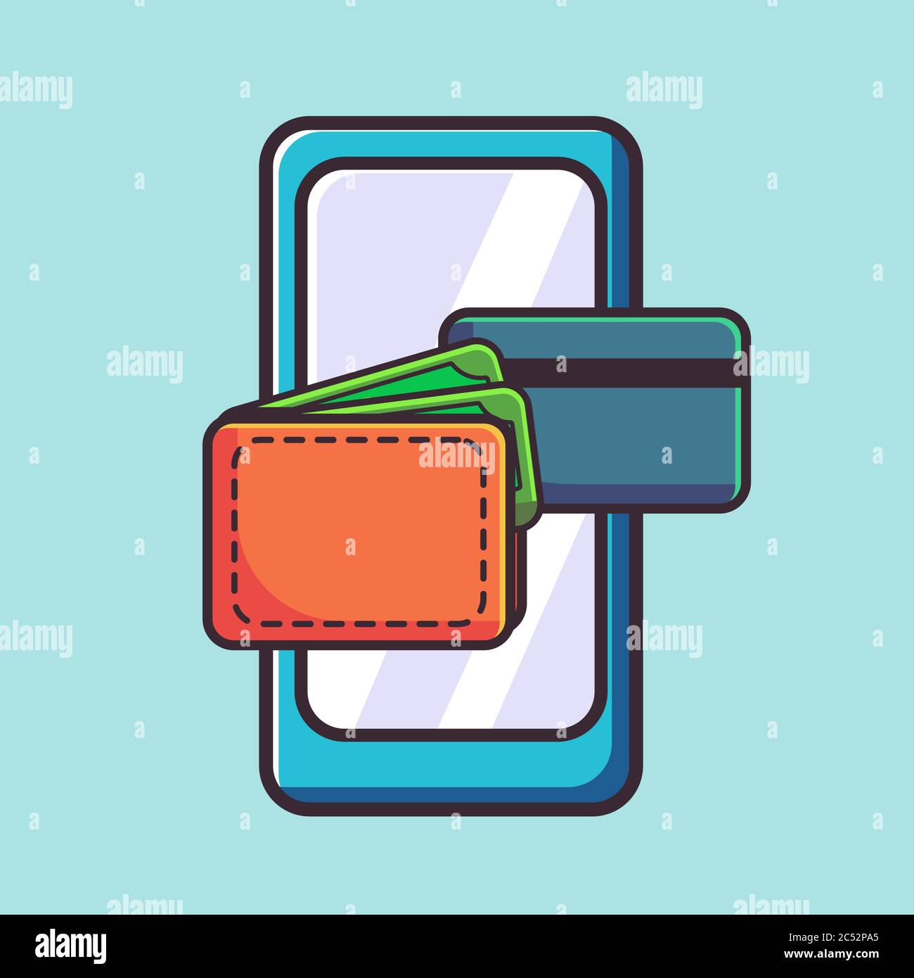 concetto di credito online. vettore di icone di telefono cellulare, portafoglio e carta di credito Illustrazione Vettoriale