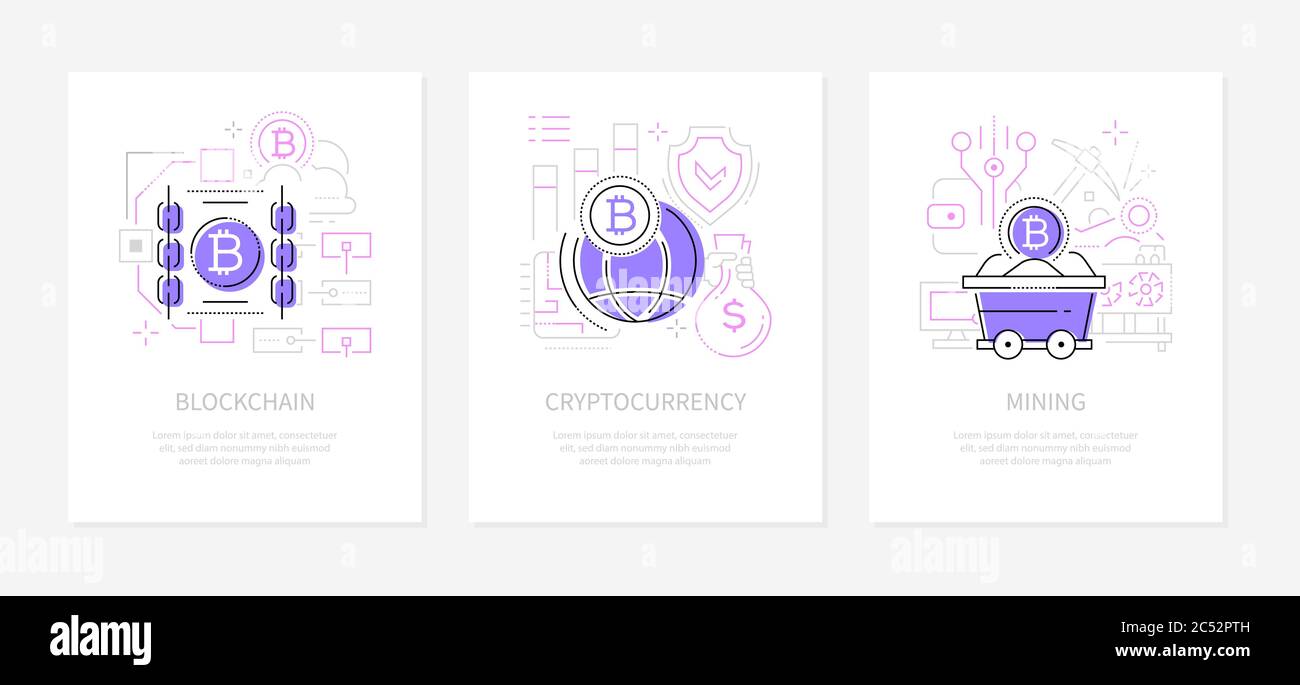 Concetto di criptovaluta - Set di striscioni in stile design di linea Illustrazione Vettoriale
