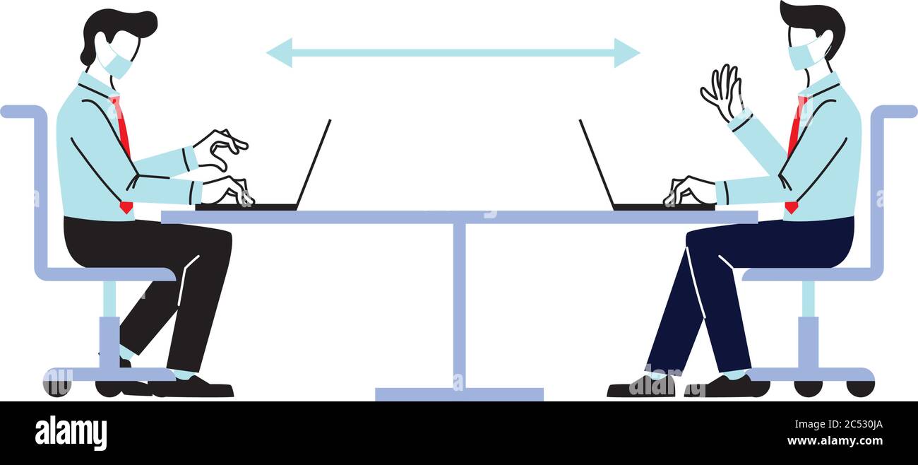 Social distancing tra gli uomini con maschere e laptop su desktop design di Covid 19 virus tema illustrazione vettoriale Illustrazione Vettoriale