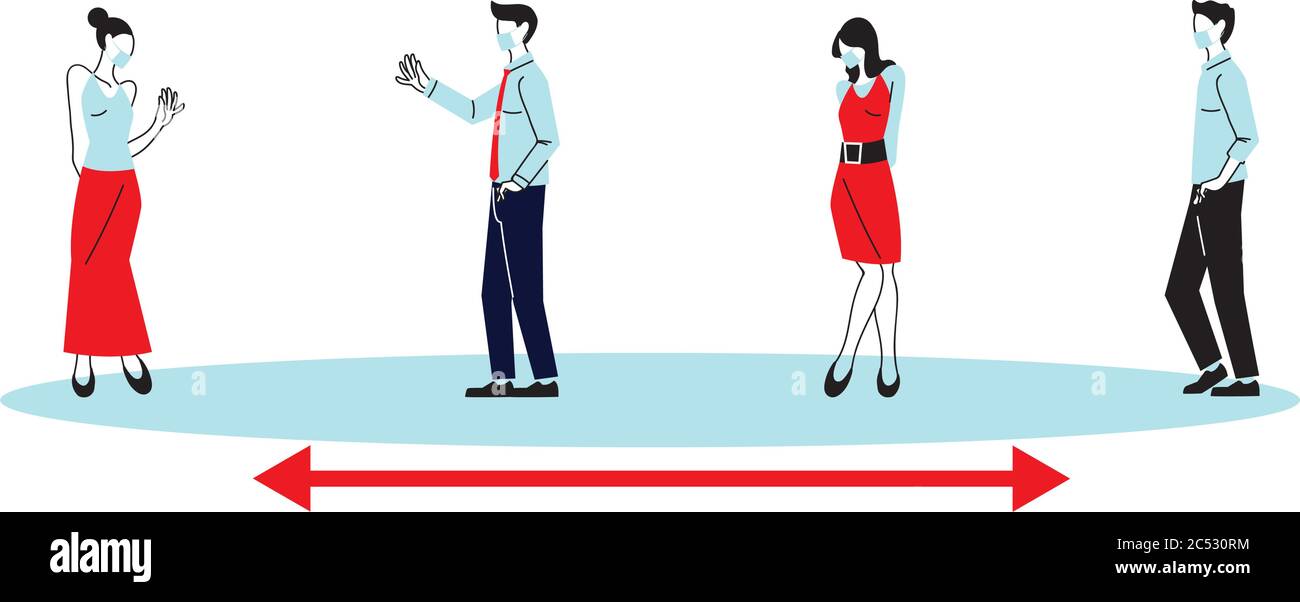 Distanza sociale tra donne e uomini con maschere di disegno di Covid 19 virus tema illustrazione vettoriale Illustrazione Vettoriale