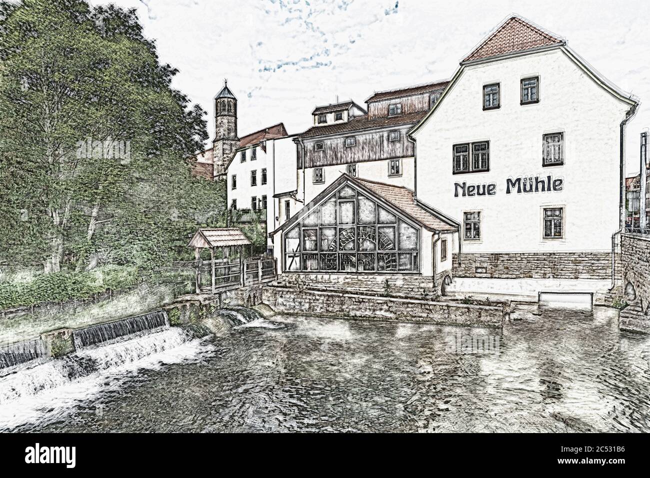 Sul fiume Gera, sul ponte del castello nel centro storico di Erfurt, si trova il nuovo Mulino, Erfurt, capitale della Turingia, Germania, Europa Foto Stock