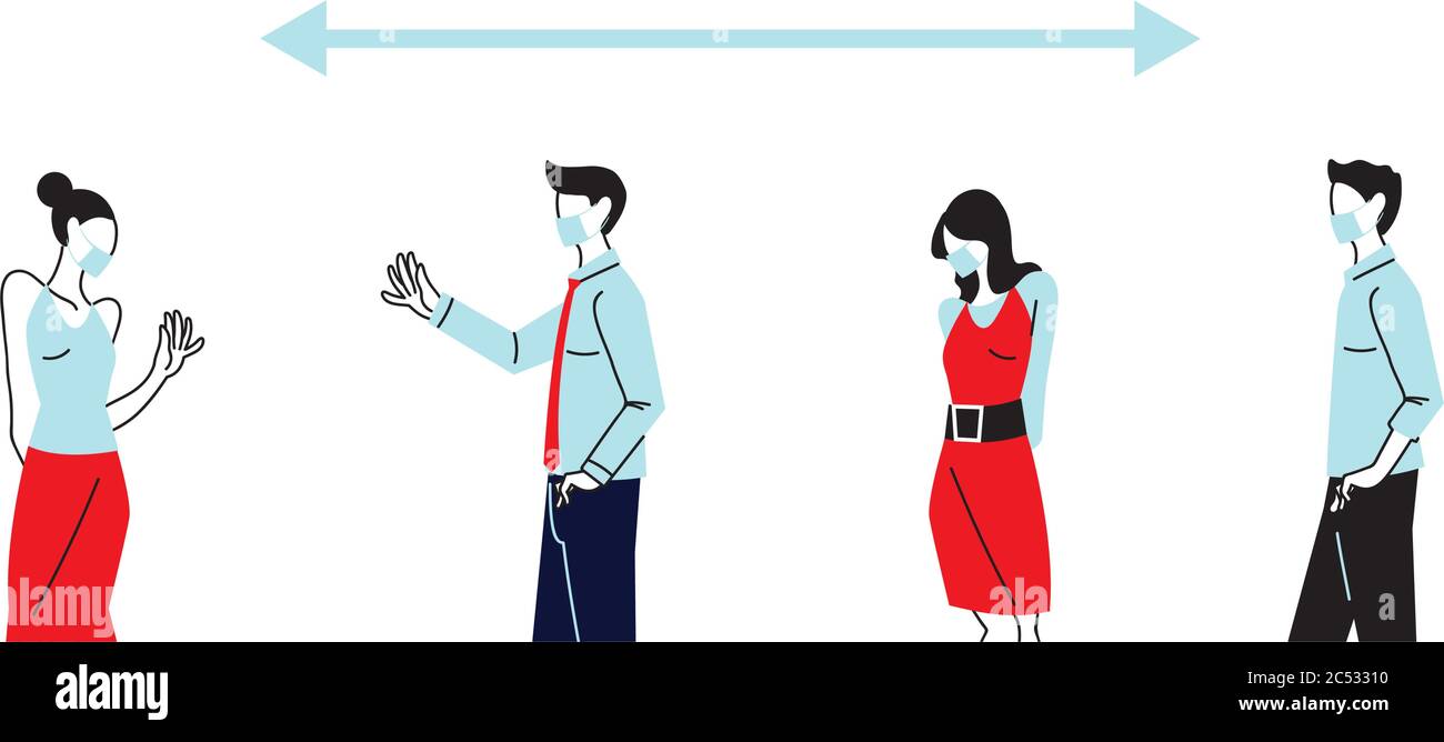 Distanza sociale tra donne e uomini con maschere di disegno di Covid 19 virus tema illustrazione vettoriale Illustrazione Vettoriale