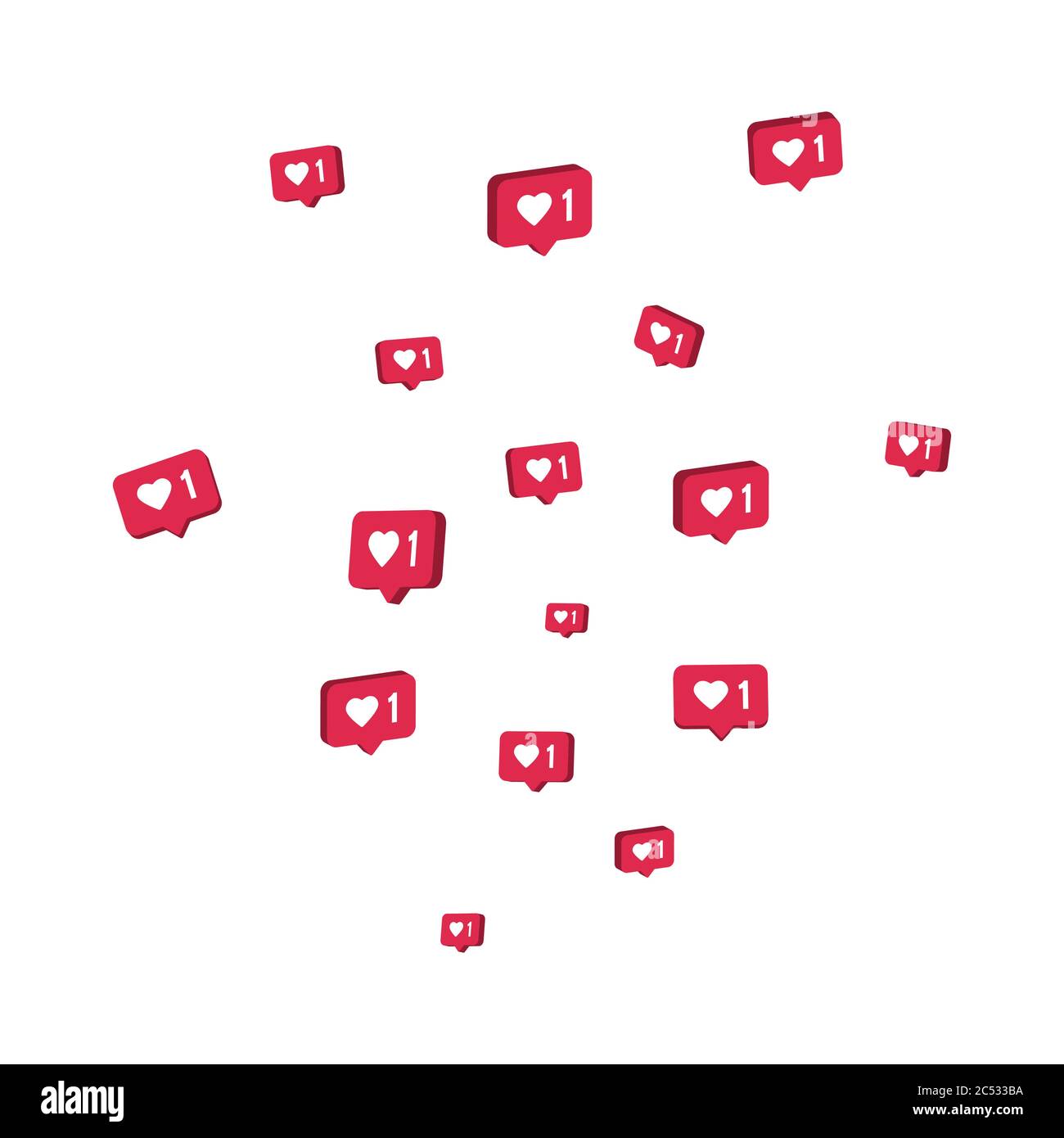 Come le icone 3d che volano su sfondo bianco. Commento e simbolo della seguace. Elementi dei social media. Bordo di notifica del contatore. Social network. Vettore Illustrazione Vettoriale